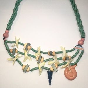 Vintage Beaded Craved Wood Mermaid Sea Shell Necklace Coastal Surfer